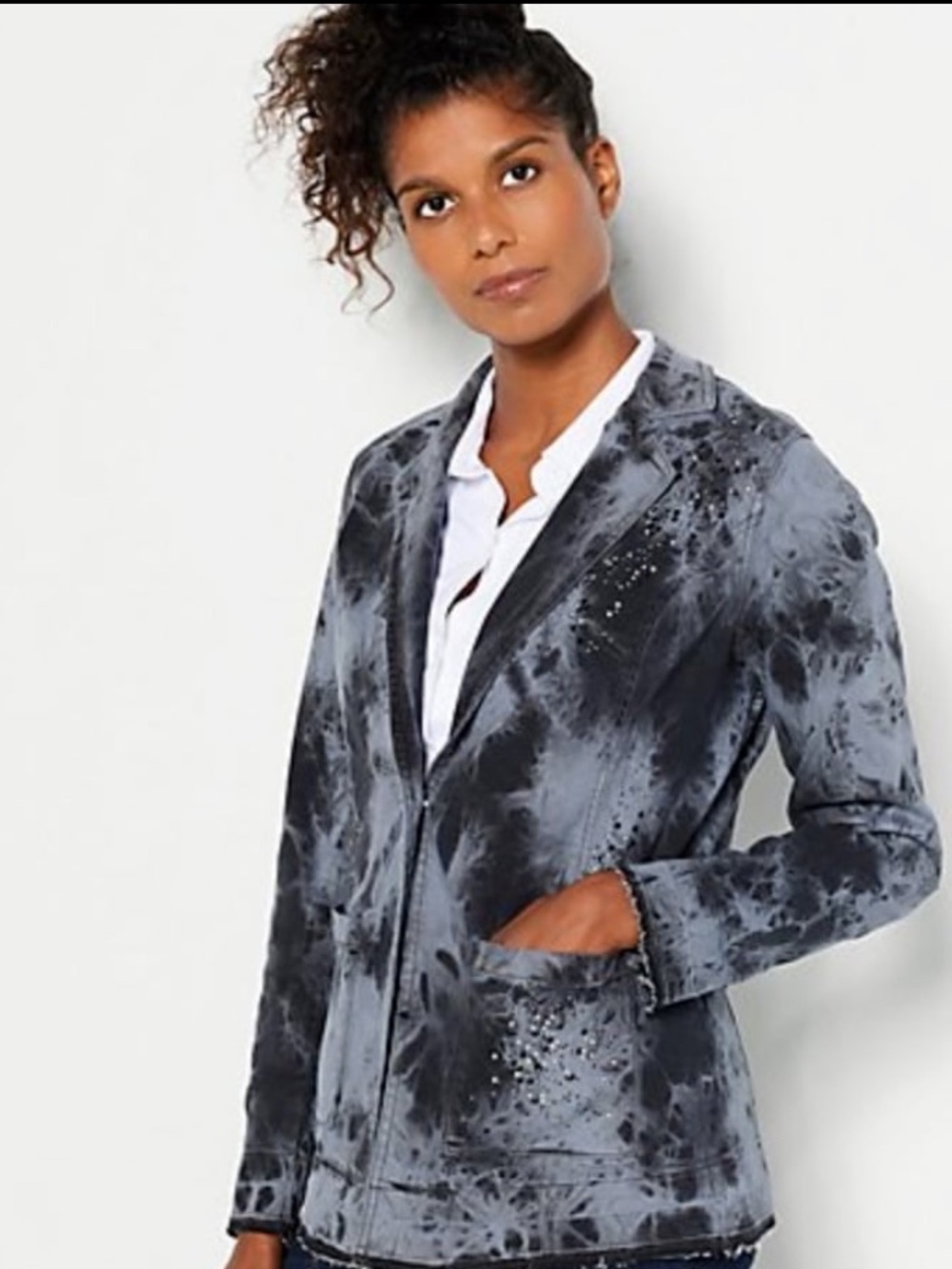 Women’s Denim Gray Tie-Dye Blazer Jacket with Crystals